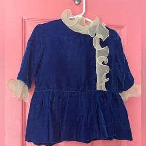 Vintage Blue Velvet Top with Cream Ruffles